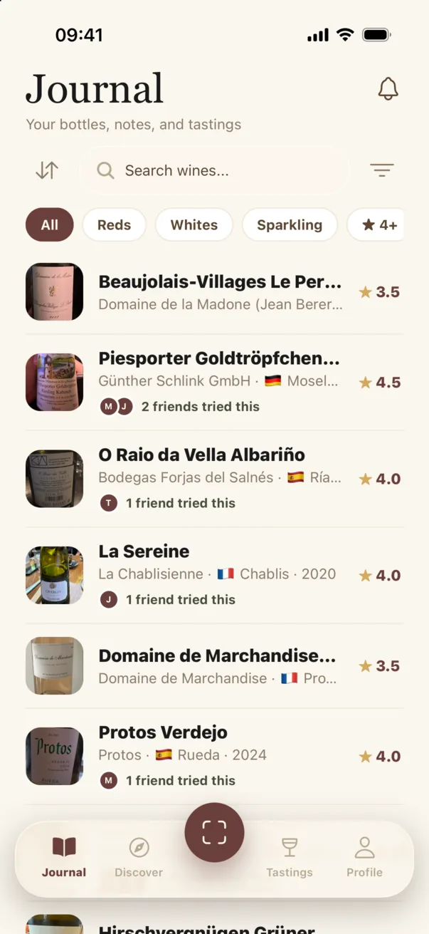 The Cork Club Journal, a list of wines with ratings and friends who tried them