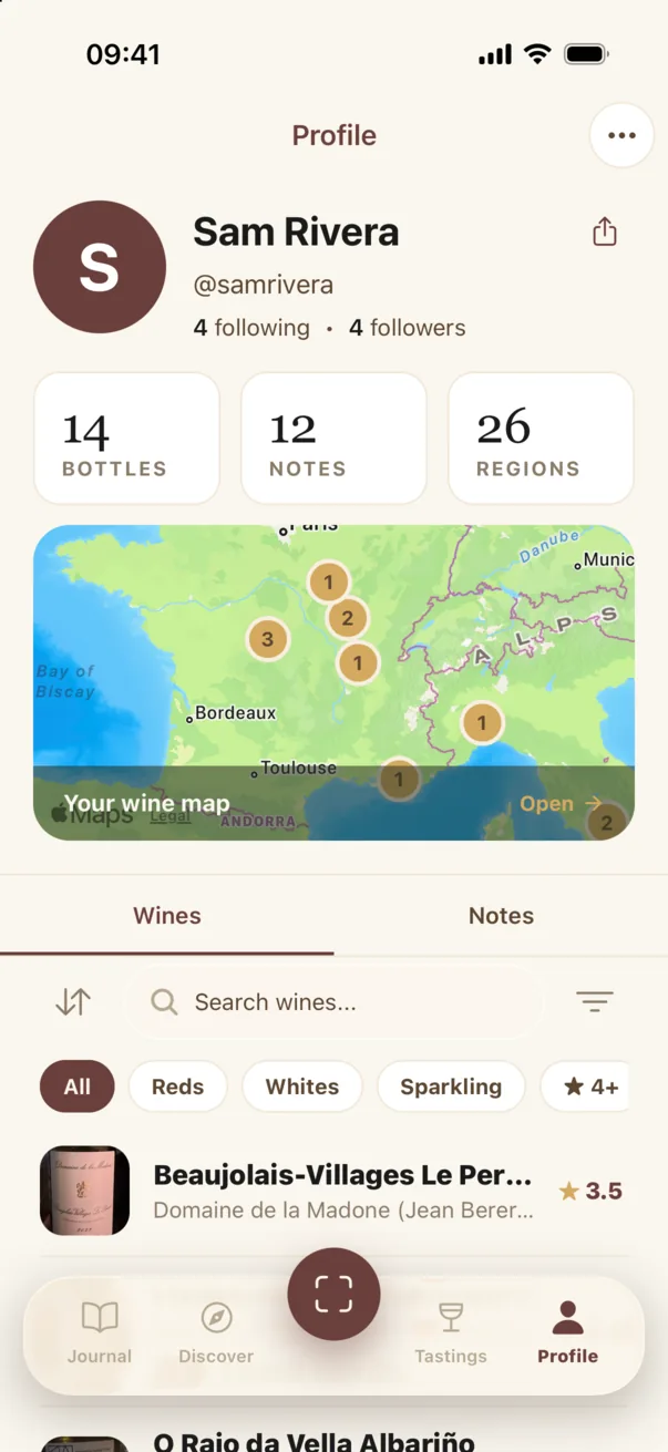 A Cork Club profile with bottle, note and region counts and a map of where the wines come from