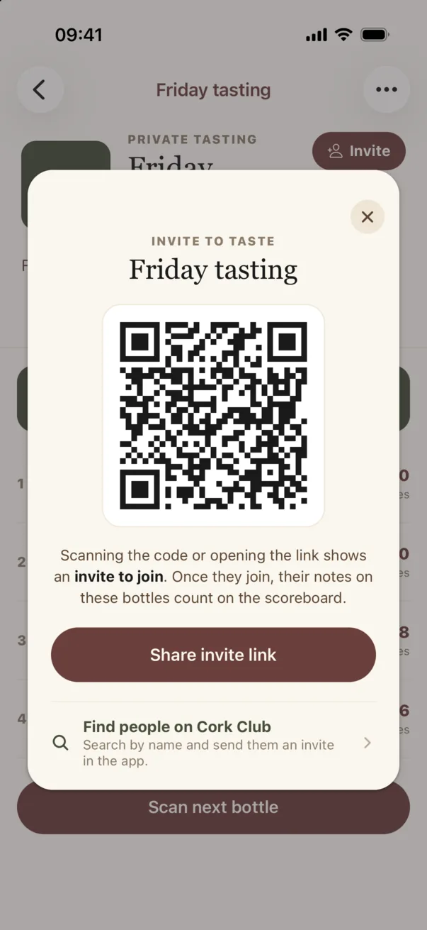 The invite sheet for a tasting, with a QR code and a share link