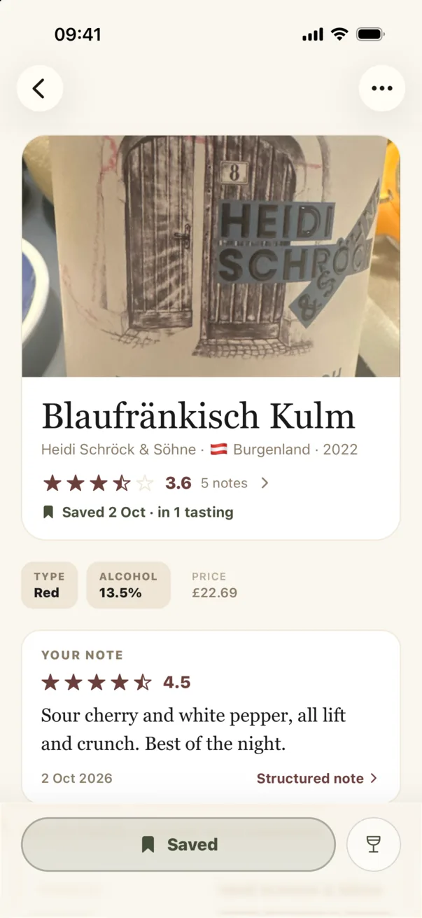 A wine page for Blaufränkisch Kulm with your note and its rating