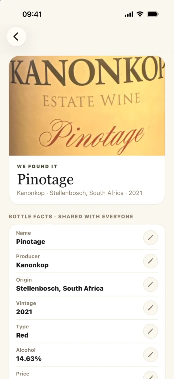 The scanned wine's facts filled in: Kanonkop Pinotage, Stellenbosch, 2021, red, 14.6%